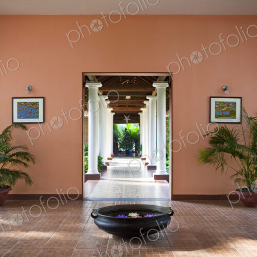 A hotel entrance hall built in traditional style in Alleppey, Kerala. A hotel entrance hall built in traditional style in Alleppey, Kerala.