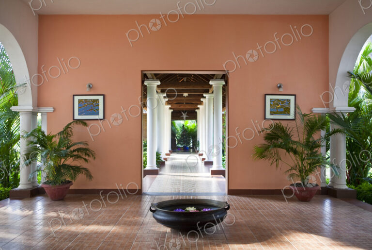 A hotel entrance hall built in traditional style in Alleppey, Kerala.