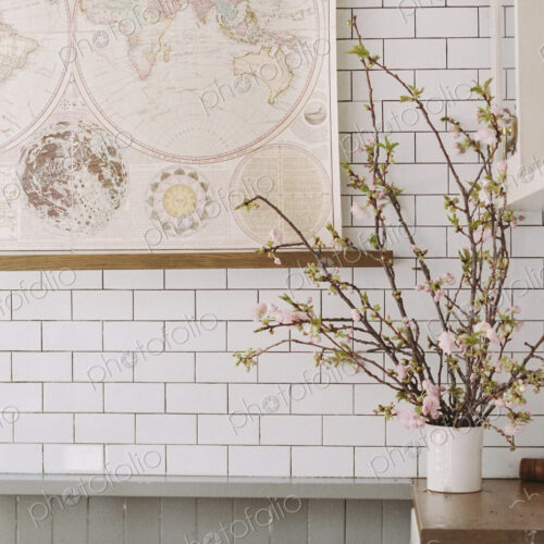A kitchen worksurface, vase of flowers and a tiled wall. A kitchen worksurface, vase of flowers and a tiled wall.