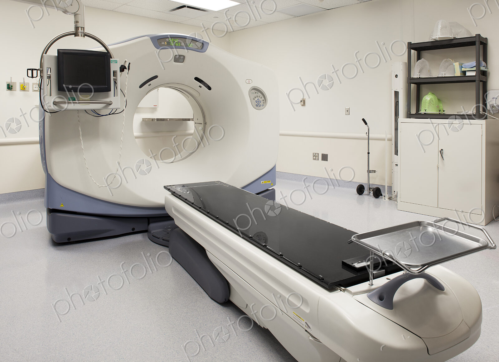 A large MRI magnetic resonance imaging scanner,with a patient bed.