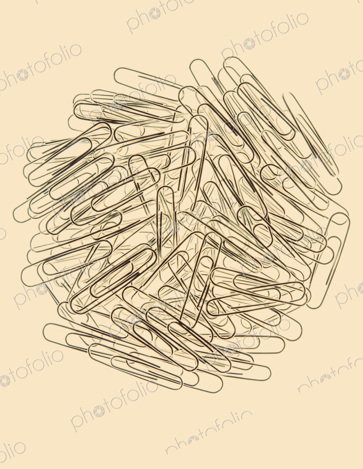 A large group of metal paperclips on a pale background.