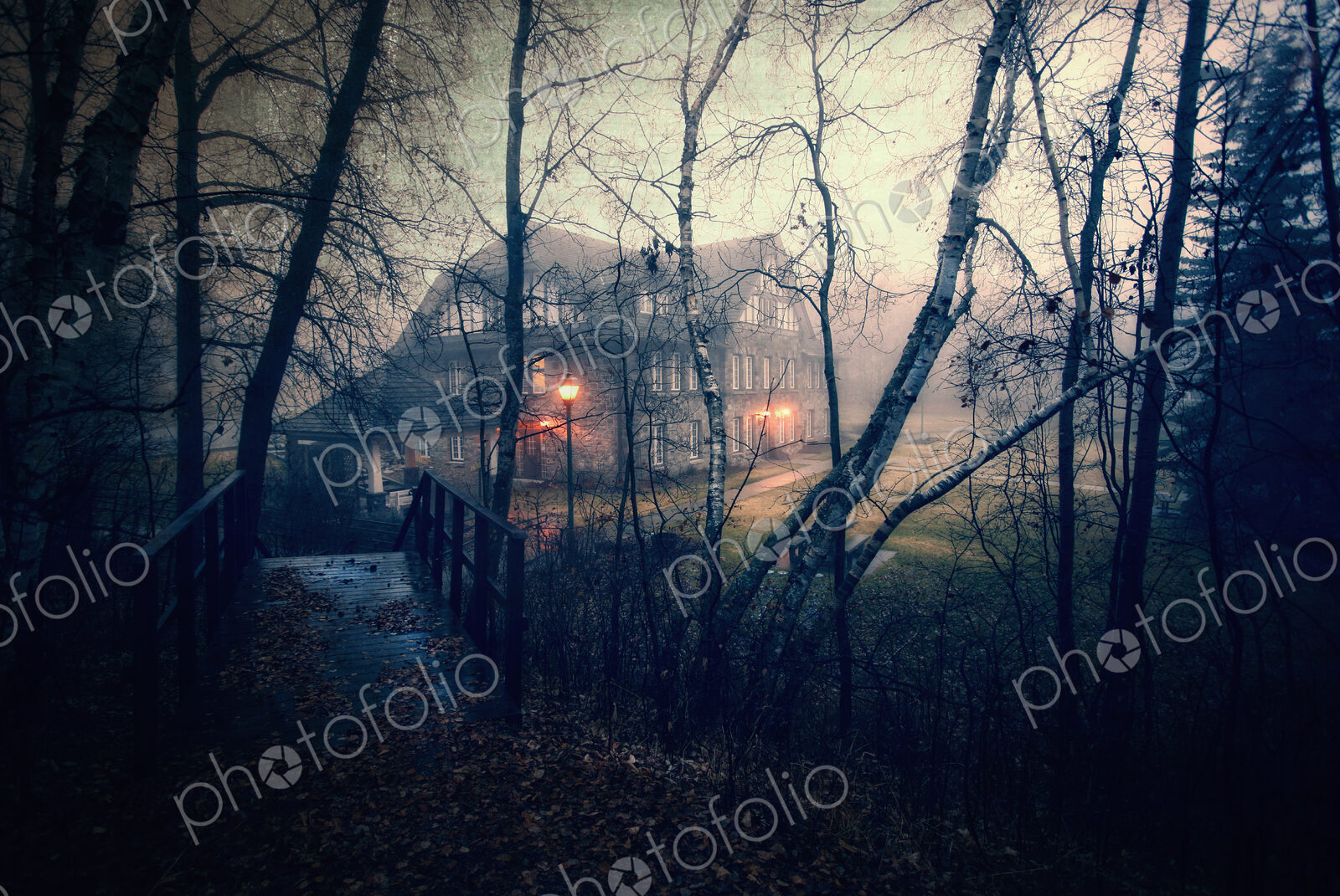 A large house at dusk with lights glowing. Woodland. A footbridge.