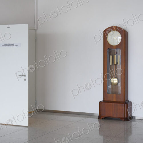 A large modern grandfather clock with weights and pendulum in a white empty room. A large modern grandfather clock with weights and pendulum in a white empty room.