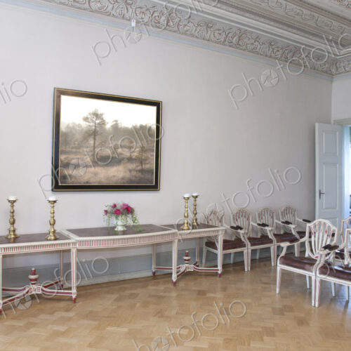 A large room with parquet flooring, elegant chairs and tables.