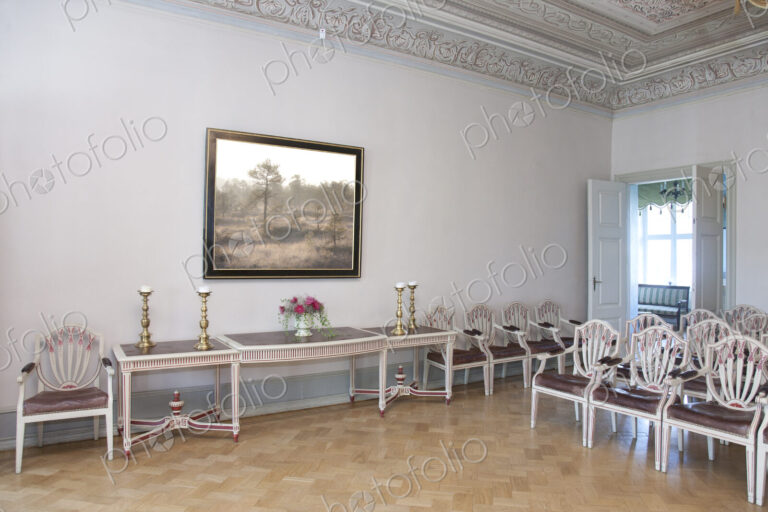A large room with parquet flooring, elegant chairs and tables.