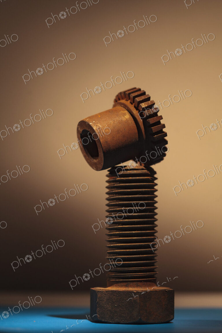 A large upright bolt with a thread and a bolt with cog notches.