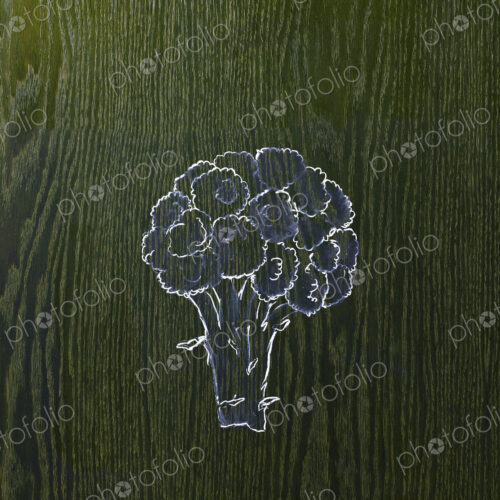 A line drawing image on a natural wood grain background. A head of broccoli, florets… A line drawing image on a natural wood grain background. A head of broccoli, florets…