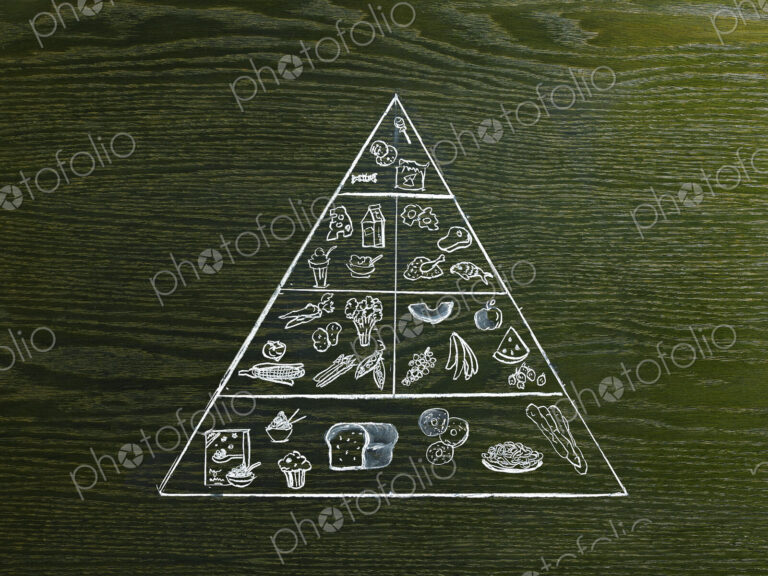 A line drawing image on a natural wood grain background. The food pyramid with…