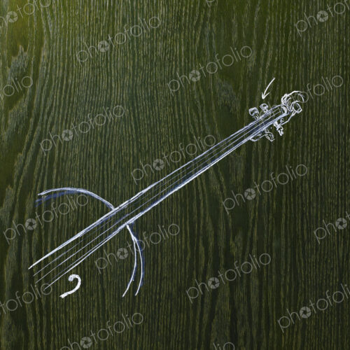 A line drawing image on a natural wood grain background. The neck and strings of a… A line drawing image on a natural wood grain background. The neck and strings of a…