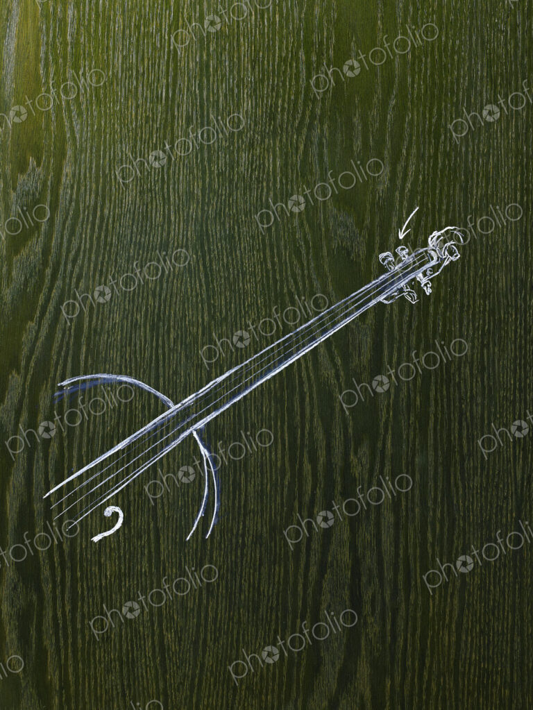 A line drawing image on a natural wood grain background. The neck and strings of a…
