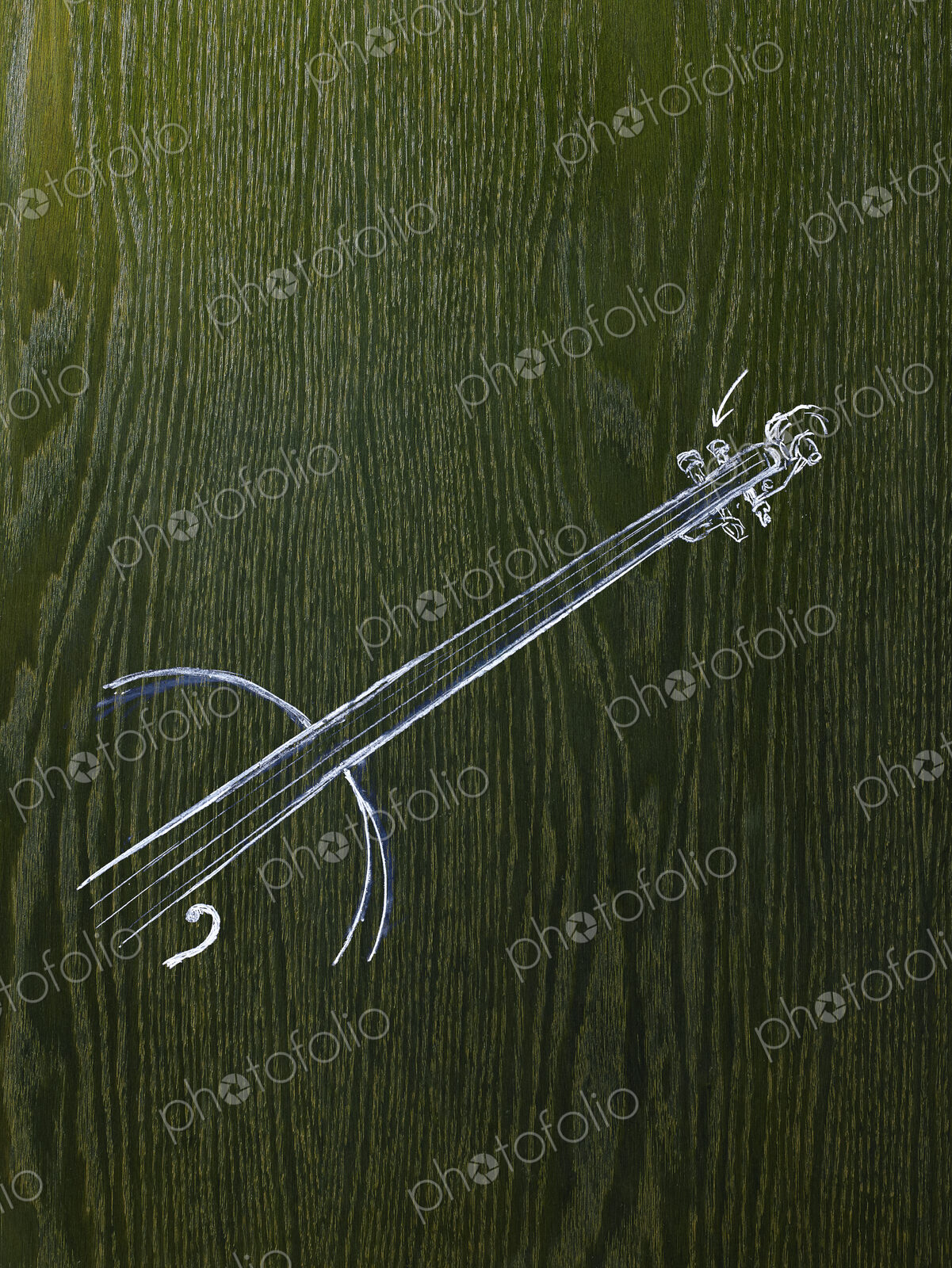 A line drawing image on a natural wood grain background. The neck and strings of a…