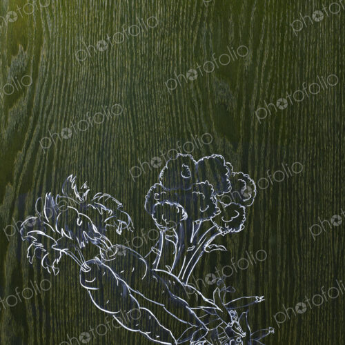 A line drawing image on a natural wood grain background. Vegetables, carrots, broccoli… A line drawing image on a natural wood grain background. Vegetables, carrots, broccoli…