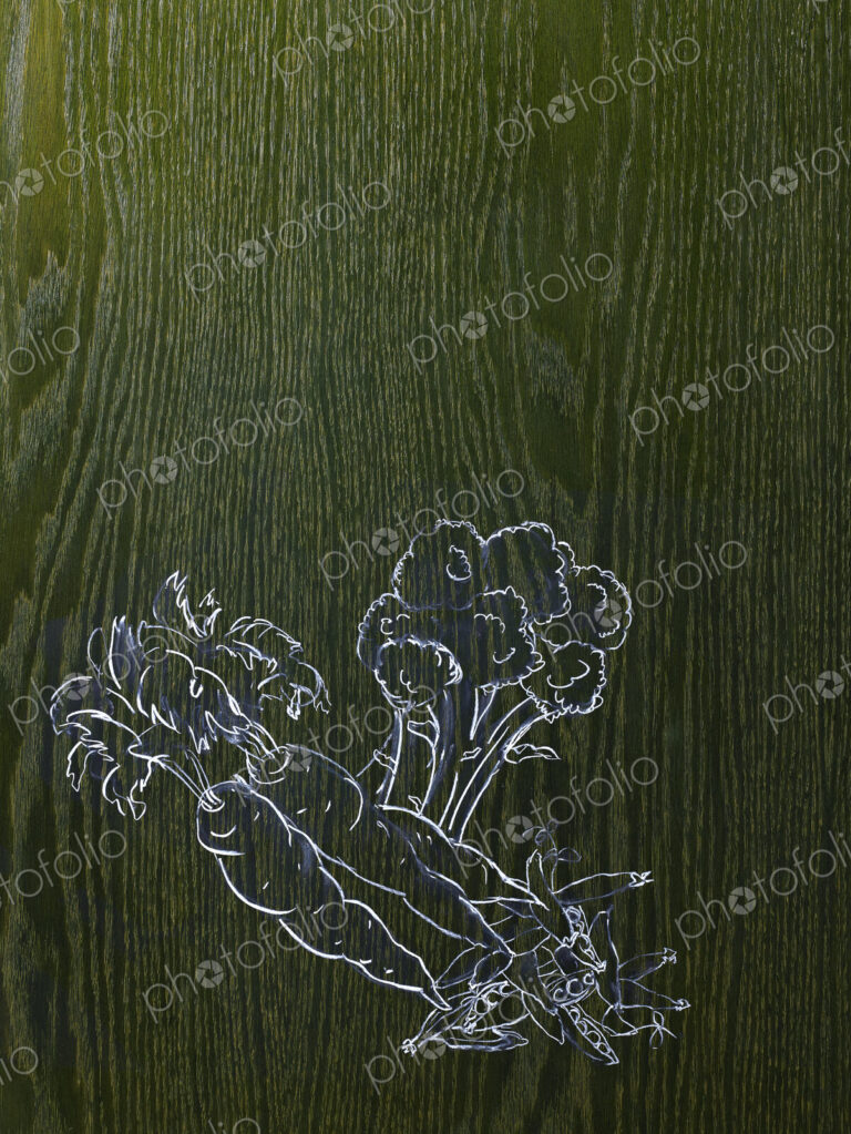 A line drawing image on a natural wood grain background. Vegetables, carrots, broccoli…