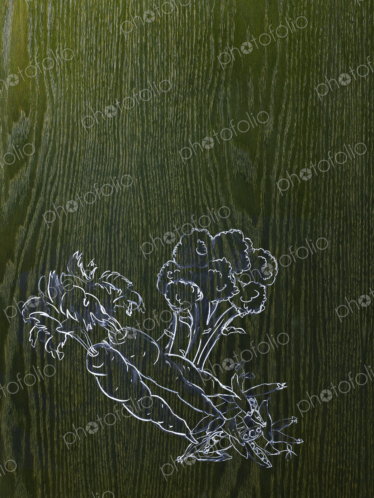 A line drawing image on a natural wood grain background. Vegetables, carrots, broccoli…