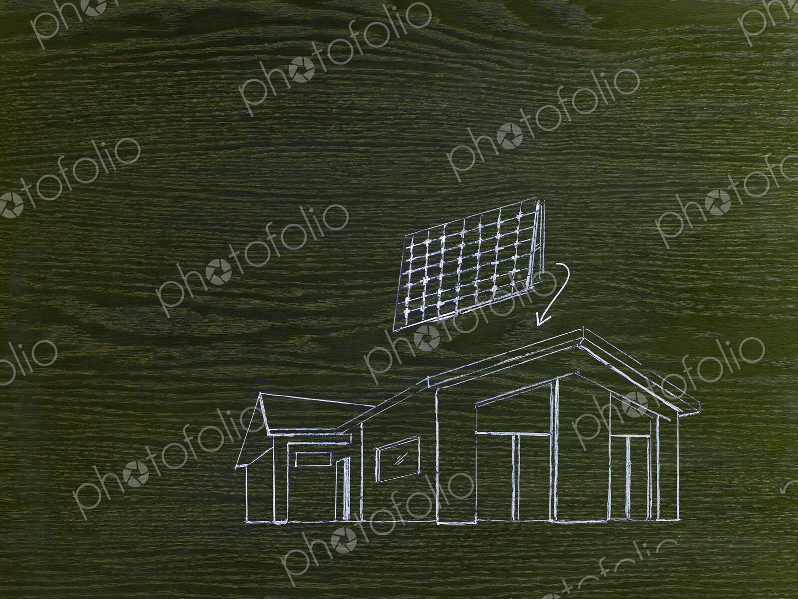 A line drawing image on grained wood. A green building project, a house with solar…