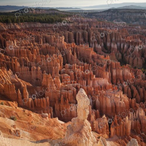 A lone hoodoo stands prominently above a sea of red rock spires at Bryce Canyon,…