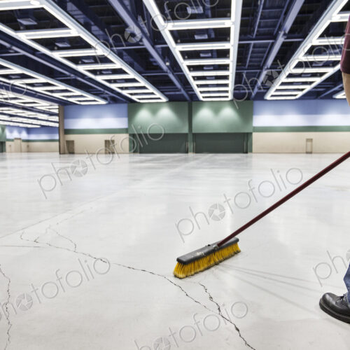 A low view closeup of a man sweeping the floor of a convention center arena.