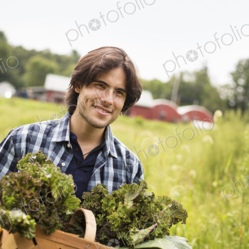 A man carrying a basket full of fresh picked organic vegetables, working on an organic… A man carrying a basket full of fresh picked organic vegetables, working on an organic…