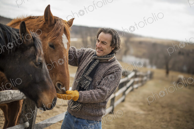 A man fixing a post and rail fence around a horse paddock.