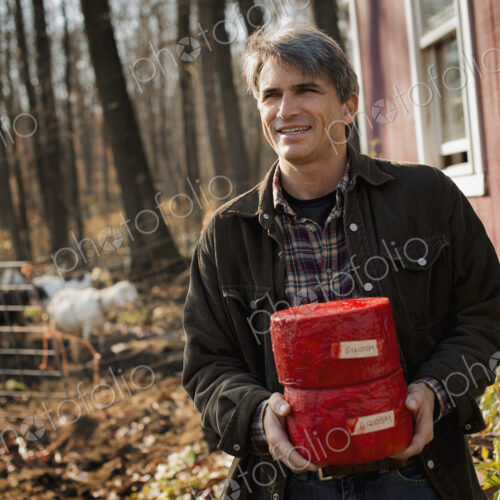 A man standing in a farm courtyard, holding two blocks of goat's cheese. A man standing in a farm courtyard, holding two blocks of goat's cheese.
