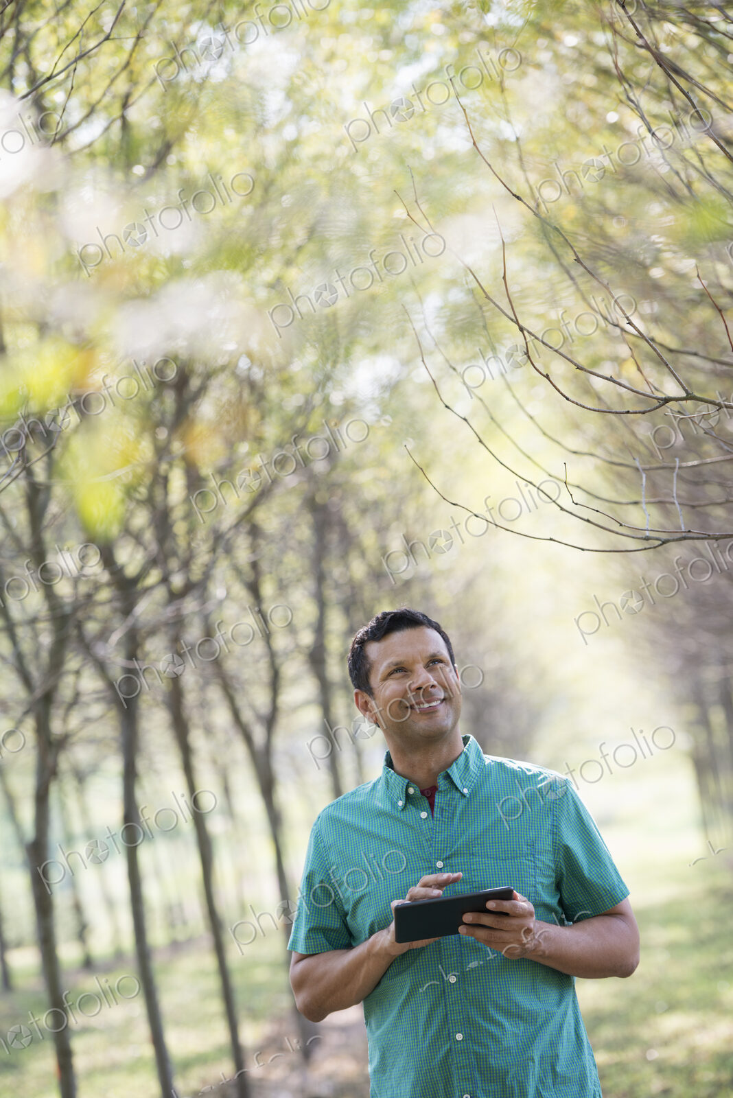 A man standing in an avenue of trees, holding a digital tablet.