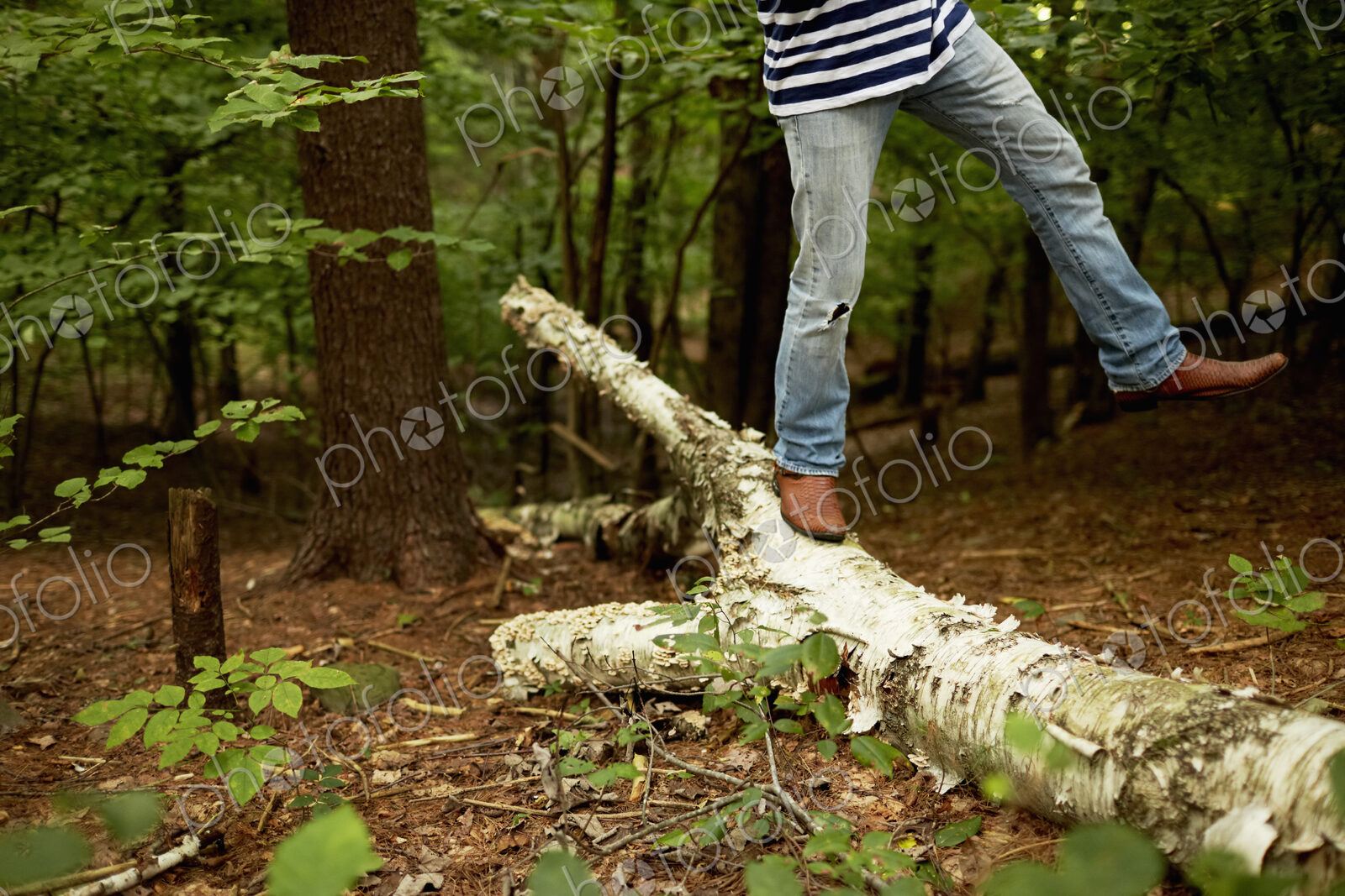 A man walking along a fallen tree trunk in the woods, balancing with one leg raised in…