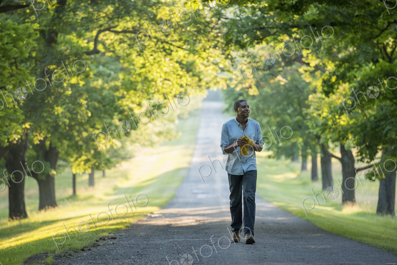 A man walking down a tree lined avenue in the countryside.