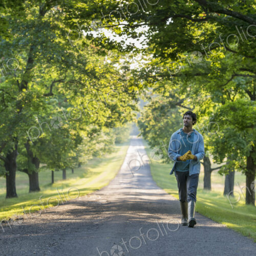 A man walking down a tree lined path. A man walking down a tree lined path.