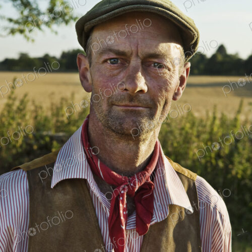 A man with a red neckerchief and flat hat, in working shirt and waistcoat. A man with a red neckerchief and flat hat, in working shirt and waistcoat.