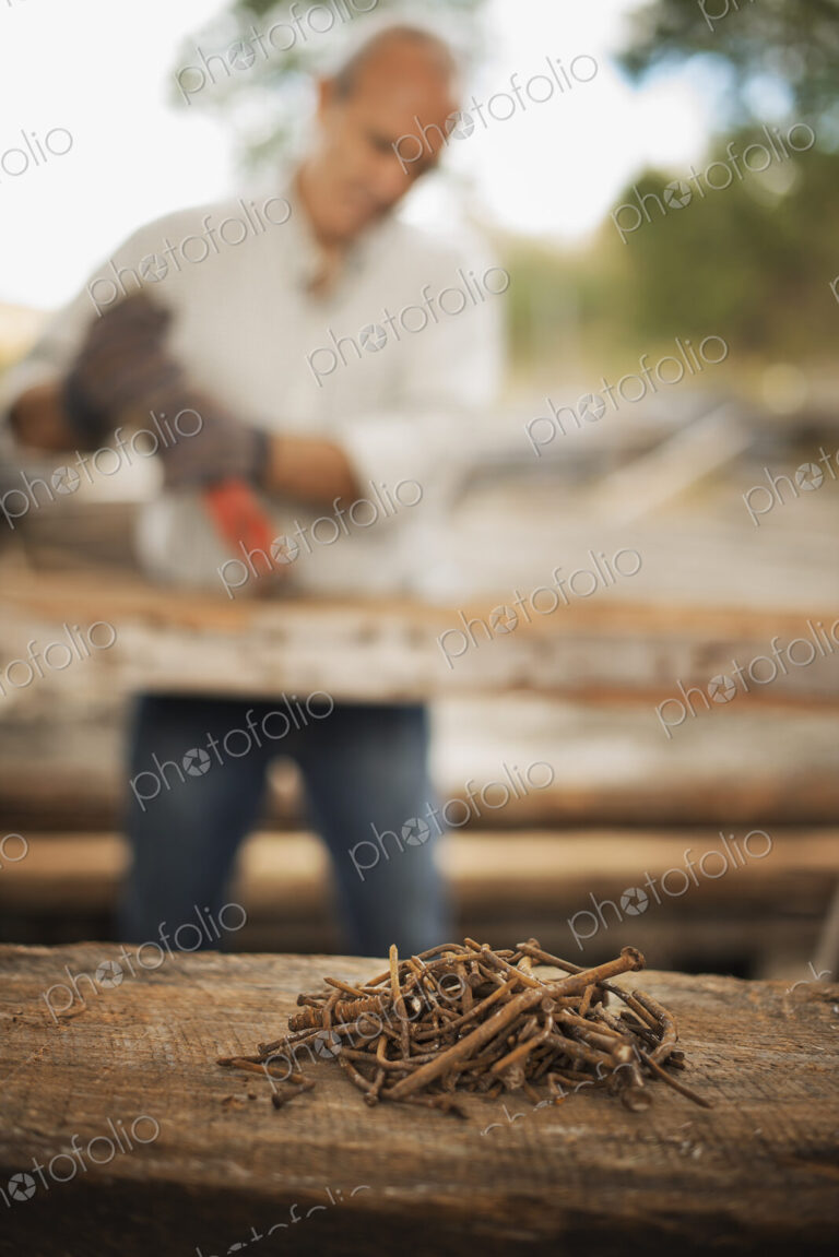 A man working in a reclaimed timber yard. Using a tool to remove metals from a…