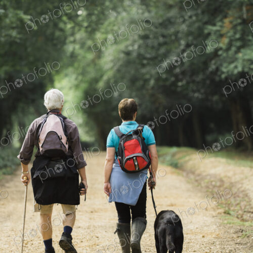 A mature couple hiking with their dog.