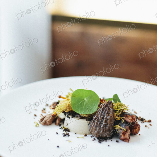 A menu dish at a city restaurant, seafood, vegetables and fresh leaves