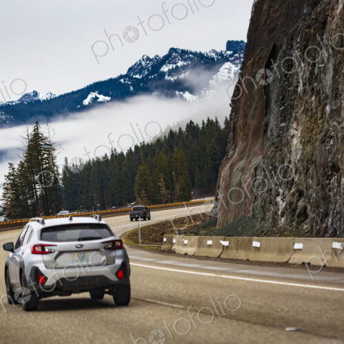 A mountain highway bend in the road along Interstate 90 at Snoqualmie Pass A mountain highway bend in the road along Interstate 90 at Snoqualmie Pass