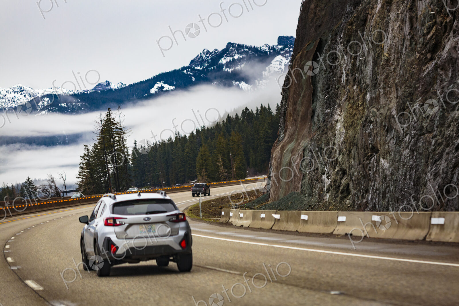 A mountain highway bend in the road along Interstate 90 at Snoqualmie Pass
