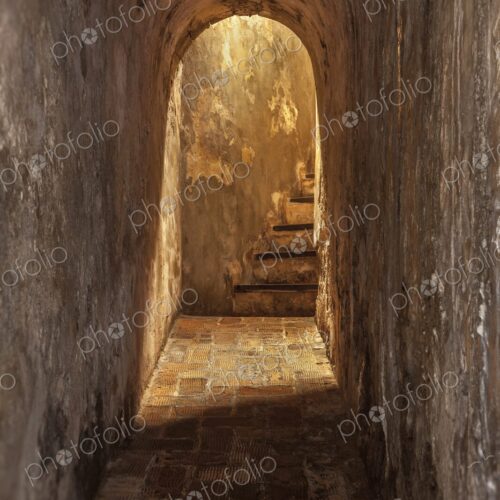 A narrow stone hallway with an arched ceiling leads to a small staircase inside…