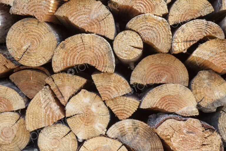 A neatly stacked pile of cut firewood showcases the natural texture and pattern of…