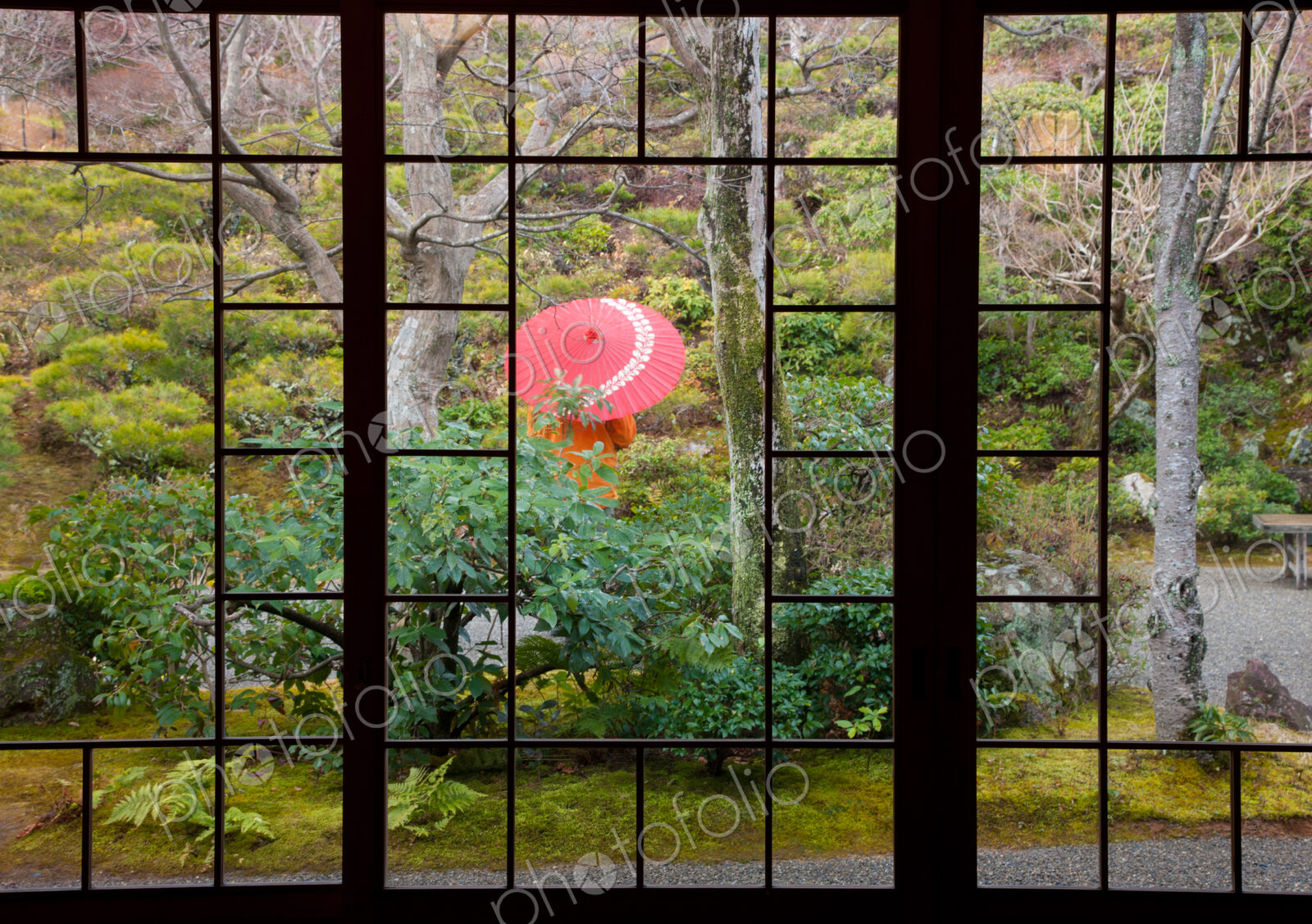 A person stands protected by an umbrella in a courtyard garden, Kyoto, Japan