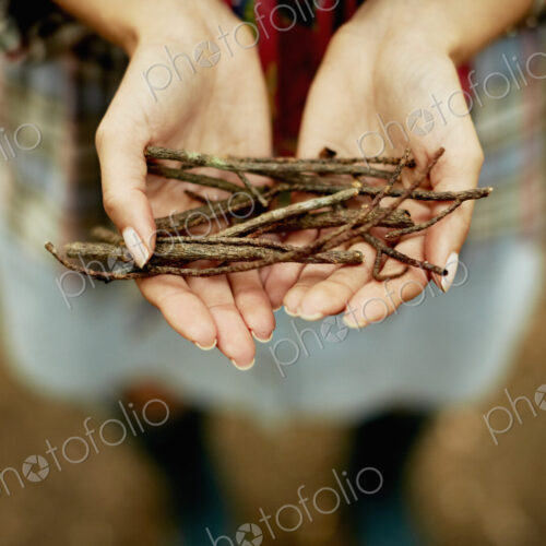 A person's hands holding a small bunch of twigs, kindling for the camp fire.