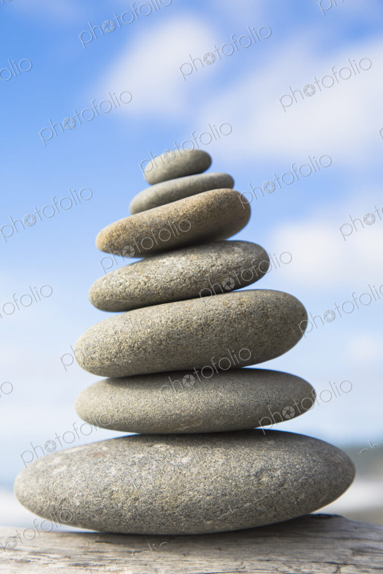 A pile of balancing smooth beach rocks near Rialto Beach, Olmpic national park, in…