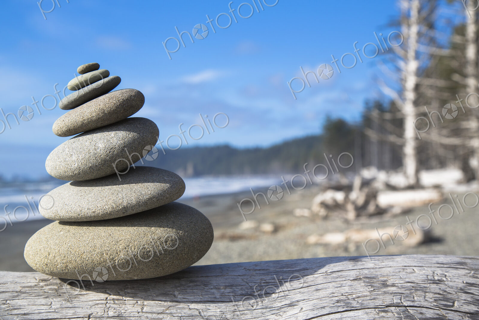 A pile of balancing smooth beach rocks near Rialto Beach, Olmpic national park, in…
