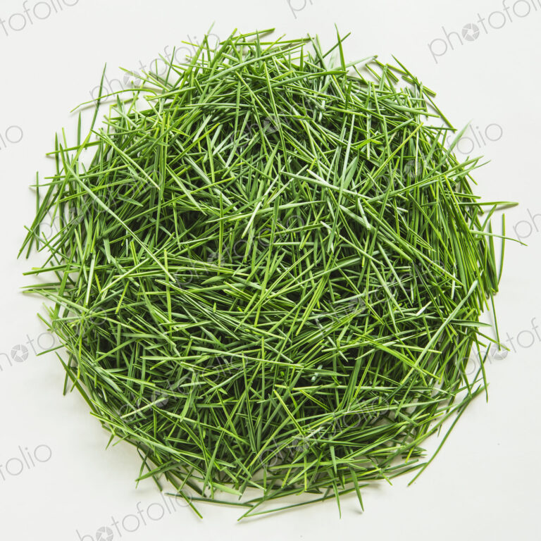 A pile of organic wheatgrass on a white background