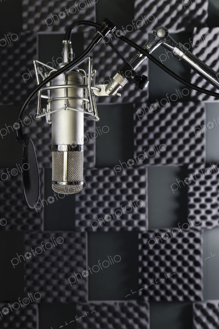 A professional microphone in a home recording studio with sound proof walls