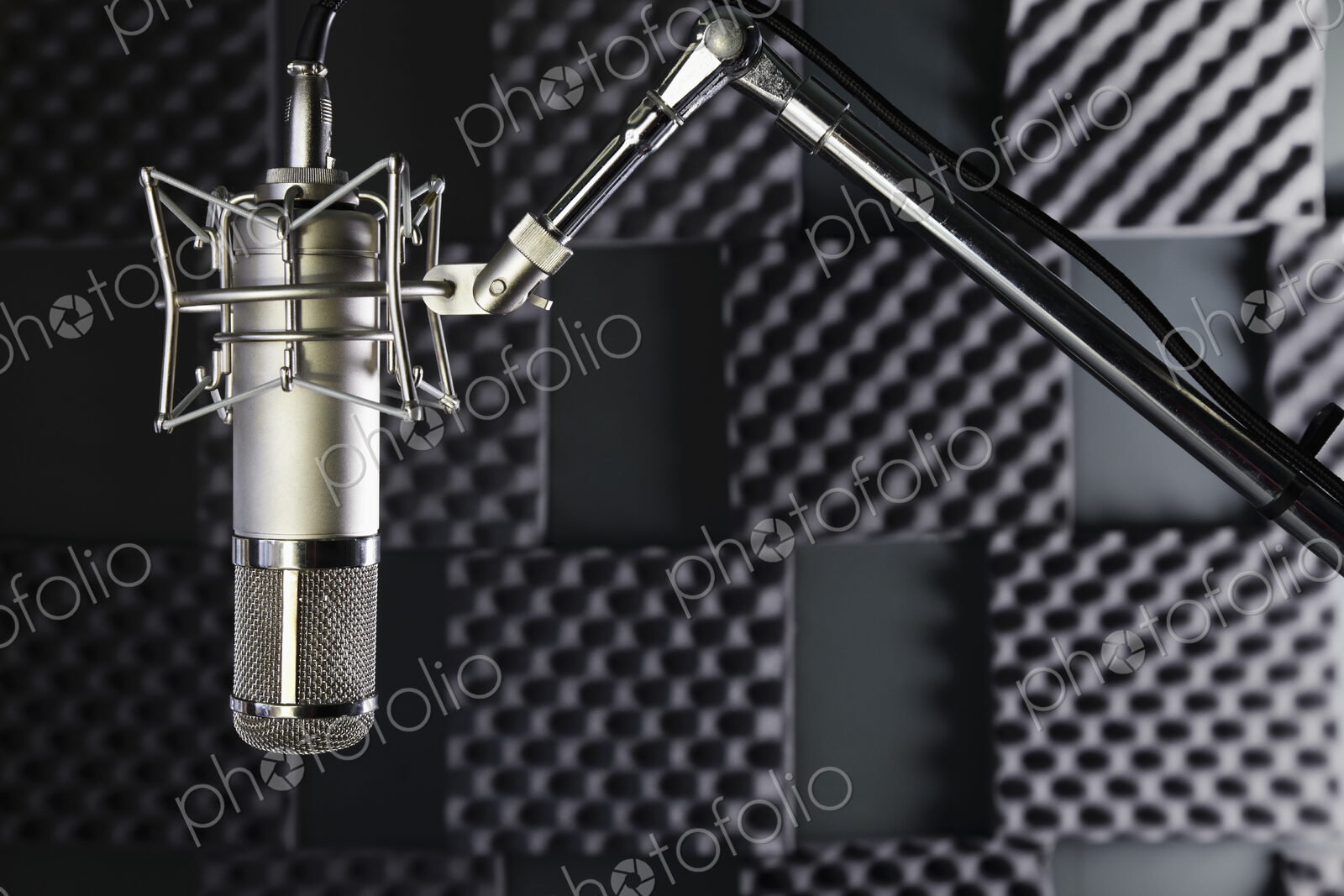 A professional microphone in a home recording studio with sound proof walls