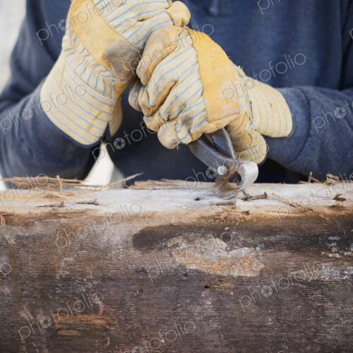 A reclaimed lumber workshop. A man preparing the timber by removing all the nails and… A reclaimed lumber workshop. A man preparing the timber by removing all the nails and…