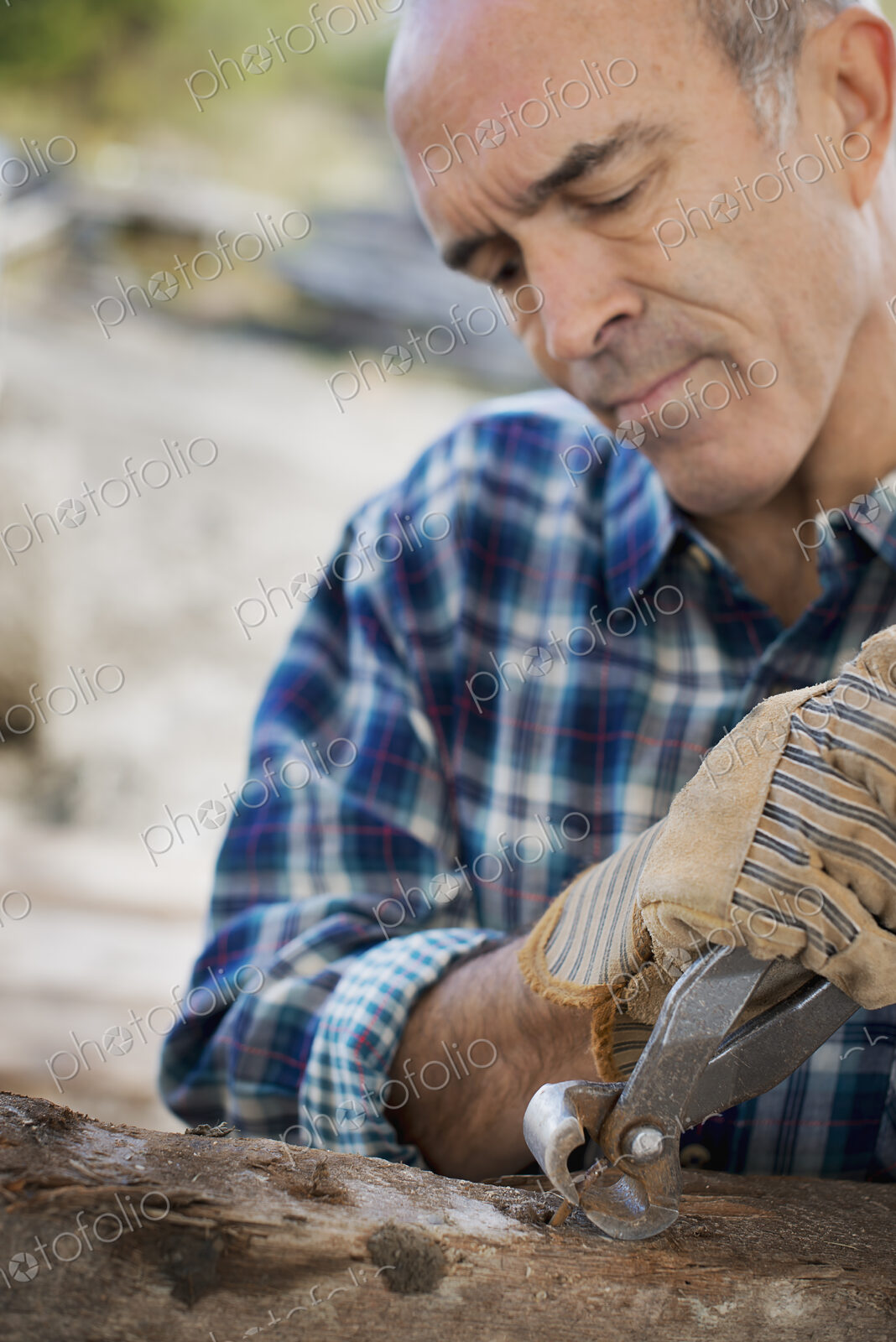 A reclaimed lumber workshop. A man preparing the timber by removing all the nails and…
