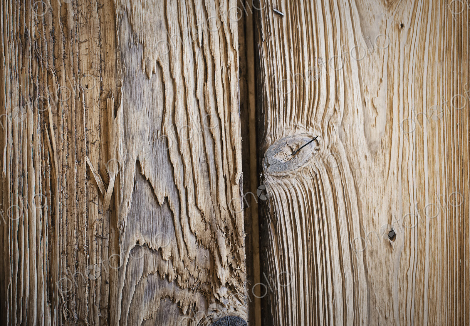 A reclaimed lumber workshop. Close up of two planks of wood, with knots and wood grain…
