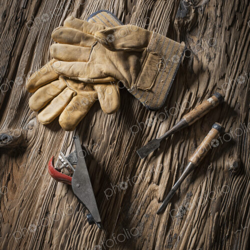 A reclaimed lumber yard workshop. A pair of leather working gloves, and handheld… A reclaimed lumber yard workshop. A pair of leather working gloves, and handheld…