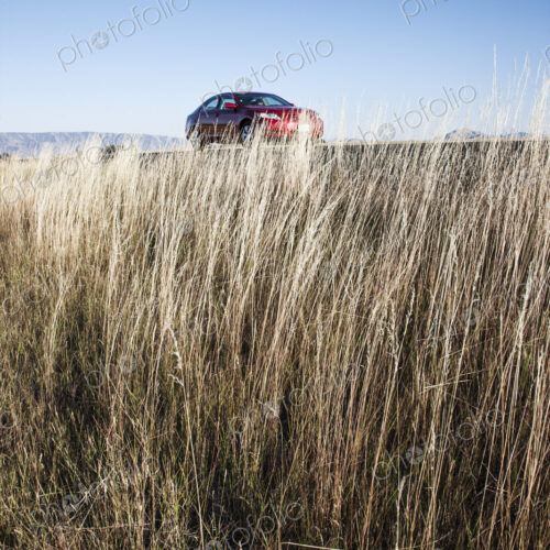 A red sedan parked along a highway in eastern Washington State, USA. A red sedan parked along a highway in eastern Washington State, USA.