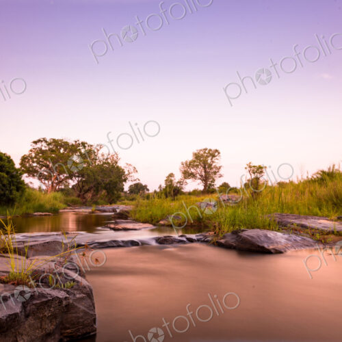 A river flowing over rocks, surrounded by boulders and green grass, pink sky…