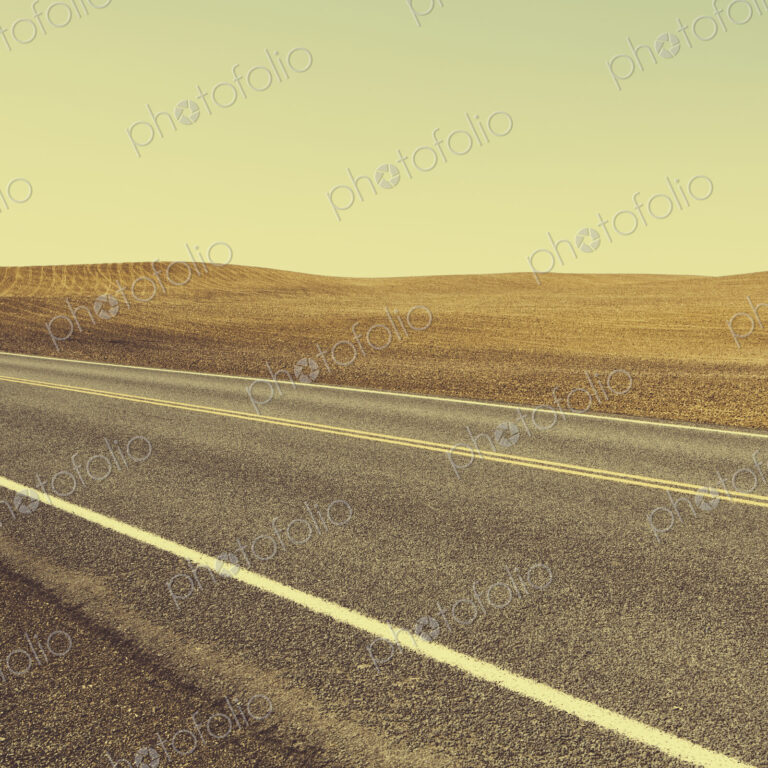 A road through the farming landscape of ploughed fields and farmland near Pullman,…